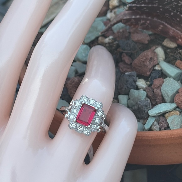 Jewelry - Emerald Cut 1.75 tcw Genuine Ruby & Diamond Ring Sterling Silver Size 7